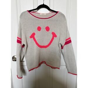 Natural Life Smiley Face Knit Sweater Gray Pink XS/S Cozy Graphic Pullover